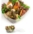 Barquette à salade fraicheur jetable en plastique avec couvercle attaché