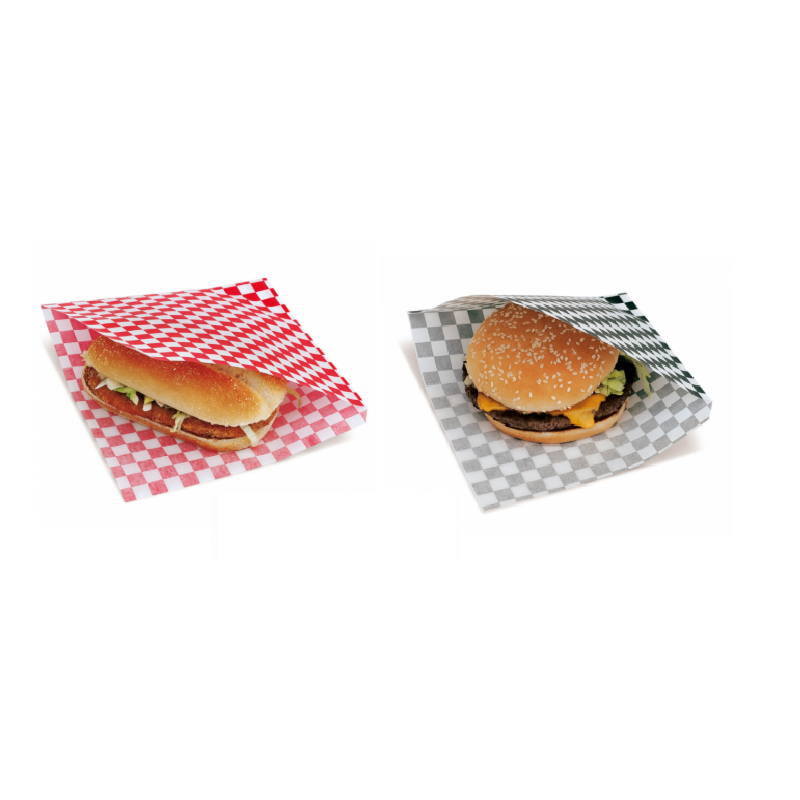 Sachet damier rouge ou noir ouvert sur 2 côtés pour kebabs, sandwichs, burgers ...